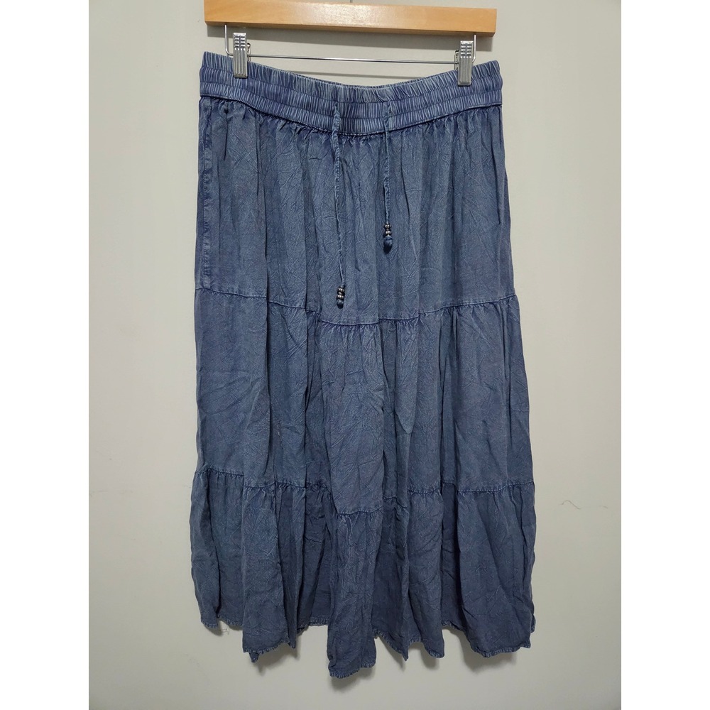 Mlle Gabrielle Blue Tiered Maxi Skirt XL Elastic Waist Drawstring Rayon Boho